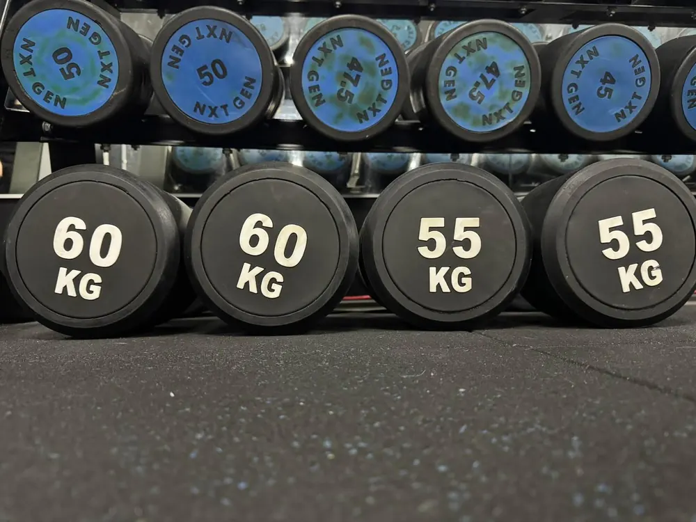 NXT GEN branded 45 to 60 kg dumbbells at Next Level Echuca Moama